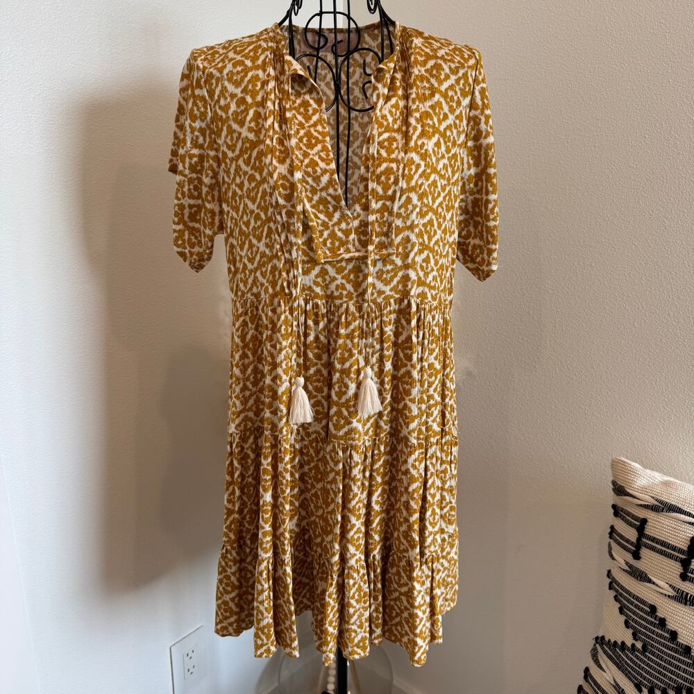 Gypsy And Gold Yellow Gold Batik Block Print Tiered Tassel Mini Dress Small Boho